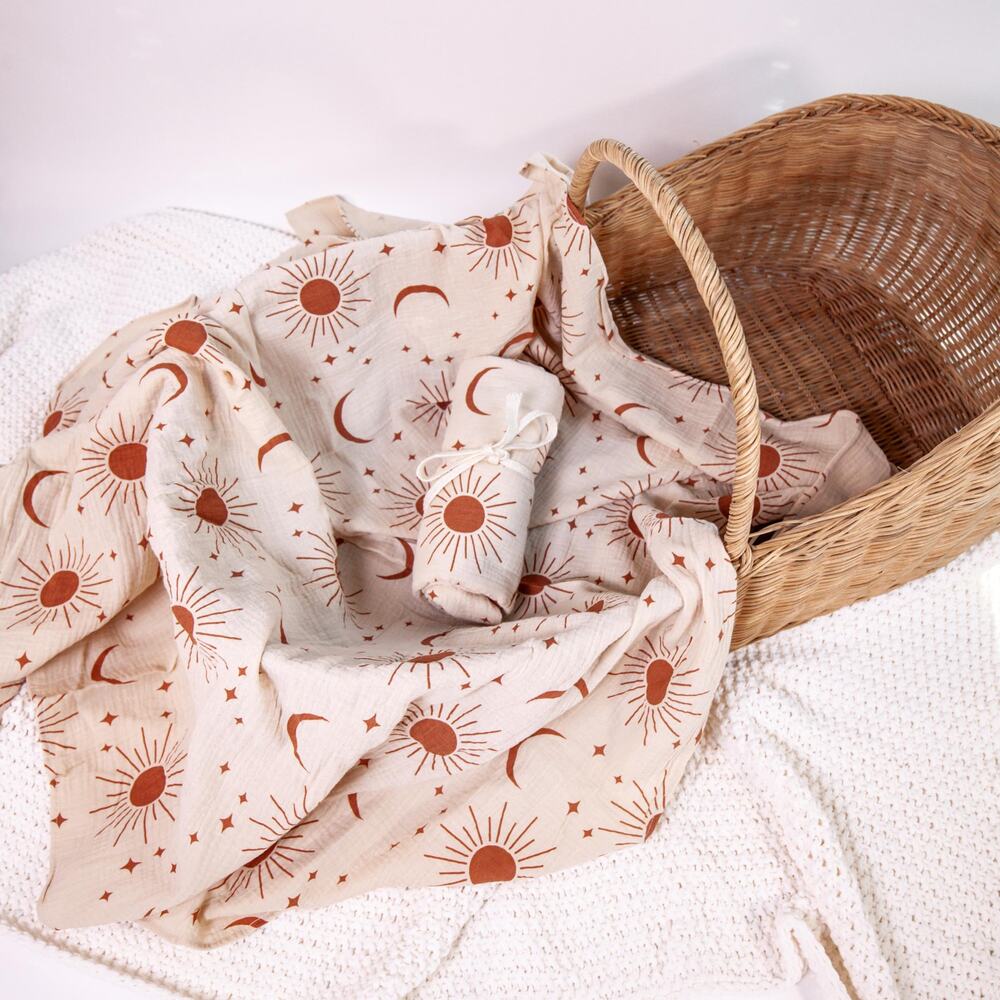 Sun and Moon Muslin Swaddle Blanket, Boho Baby Shower Gift